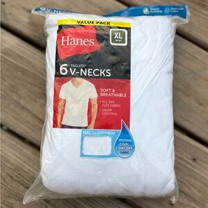 Hanes White Tagless V-Neck T-Shirts - 6 Pack